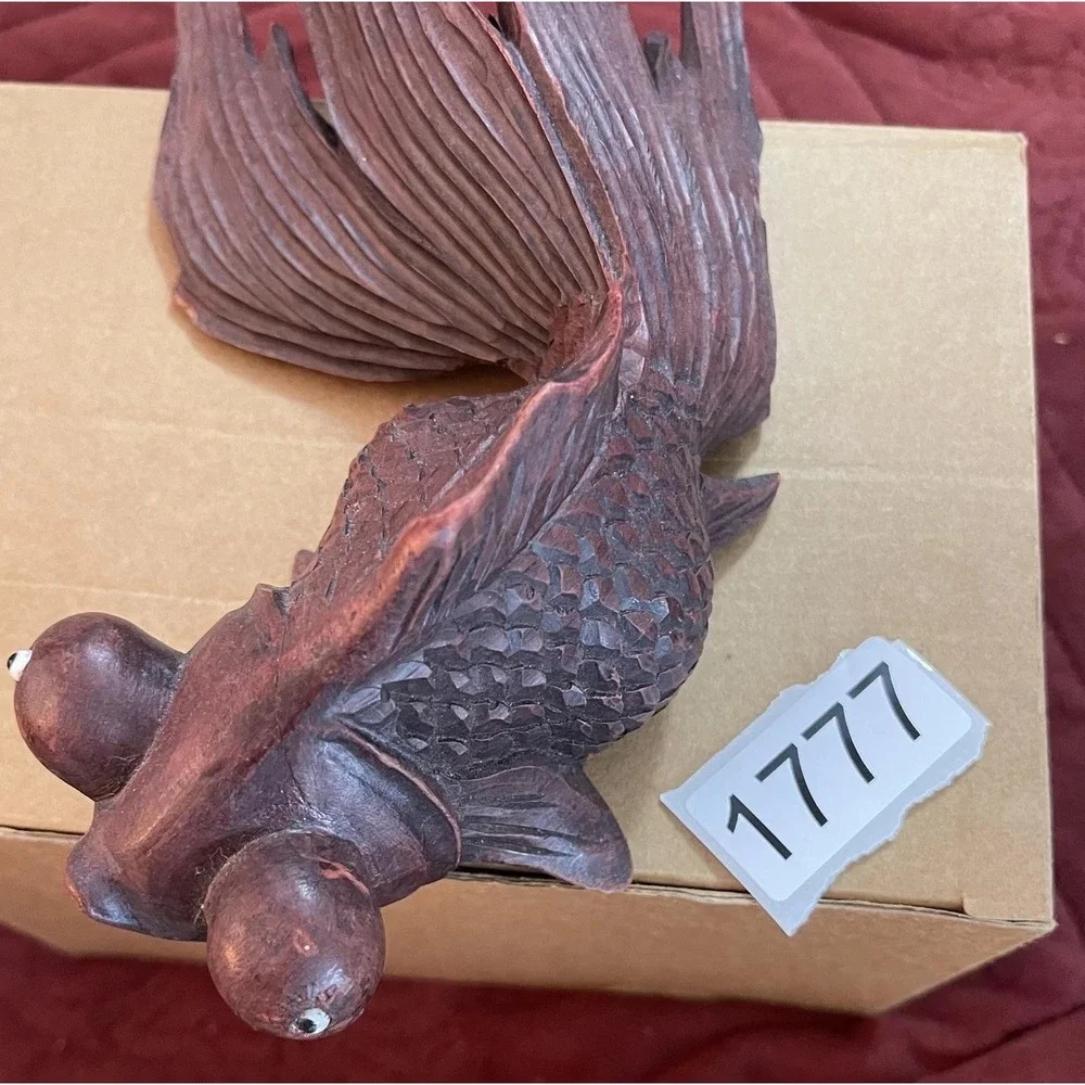 Hand Carved Wood Goldfish Figurine Bubble Eye Sculpture‎ Brown Nautical Decor